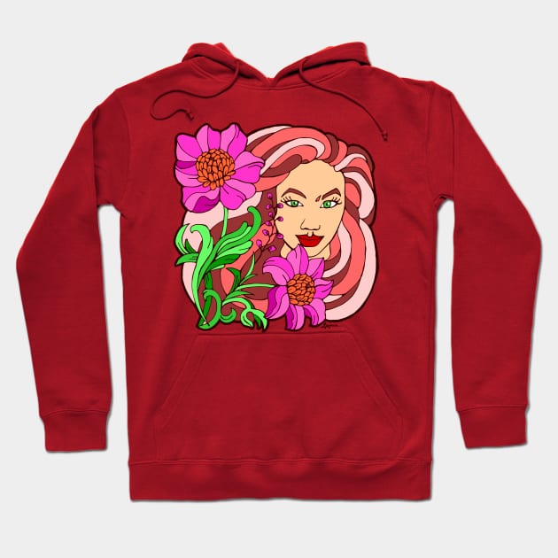 Bright Pink Blooms and Big Hair Portrait Hoodie by Julia Moon